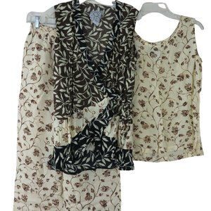 Vintage 90s 3pc Pant Set Twin Print Floral Vest Sleeveless Top High Waist Pants